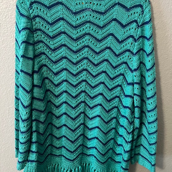 Ruby Rd. Teal and Blue Chevron Sweater with Fringe - Picture 5 of 5